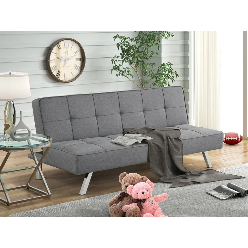 Convertible Futon Sofa Bed Linen Small Couch Fabric Folding Sleeper Sofa for Living Room Furniture Set with Chrome Legs Gray