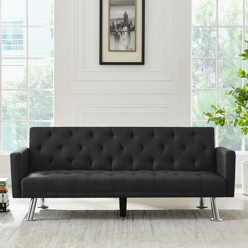 Modern Convertible Folding Futon Sofa Bed Black Fabric Sleeper Sofa Couch for Compact Living Space.
