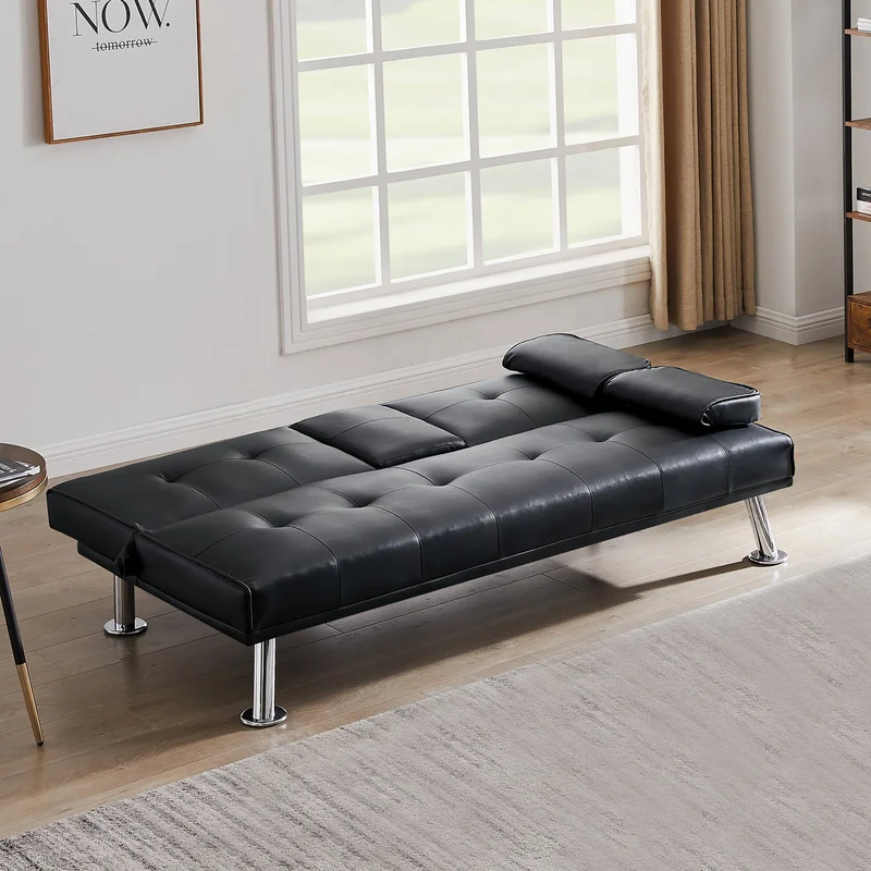 Modern Faux Leather Loveseat Sofa Bed with Cup Holders Convertible Folding Sleeper Couch Bed .