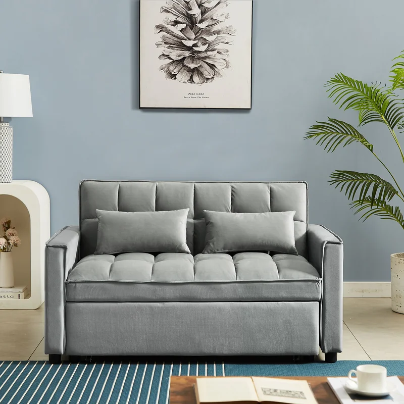 Modern Velvet Convertible Loveseat Sleeper Sofa Couch with Adjustable Backrest 2 Seater Sofa With Pull-Out Bed with 2 Lumbar Pillows For Small Living Room & Apartment