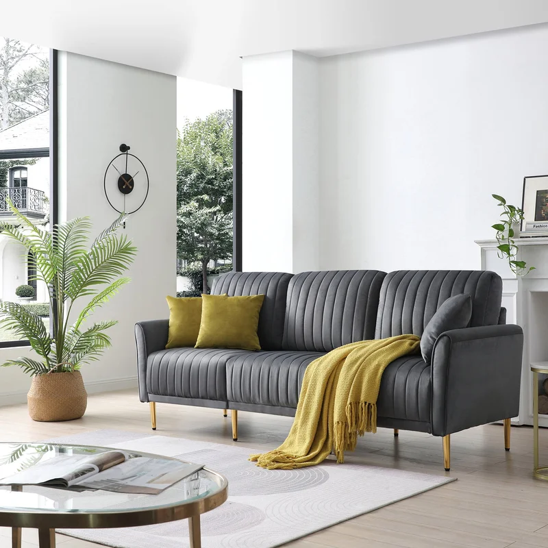 Modern Velvet Upholstered Sofa Couch 3 Seat Channel Tufted Back and Cushion Seat Metal Legs Sleeper Sofa for Living Room Compact Living Space Apartment Bonus Room Grey