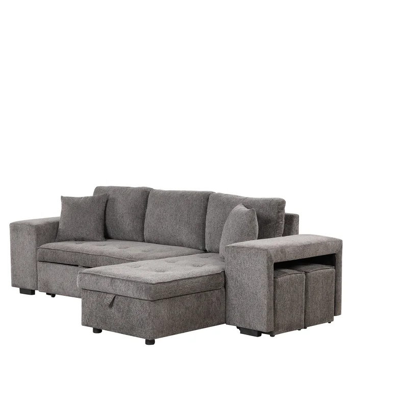 Orisfur. 104" L-Shape 3 Seat Reversible Sectional Couch Pull Out Sleeper Sofa with Storage Chaise and 2 Stools for Living Room Furniture Set