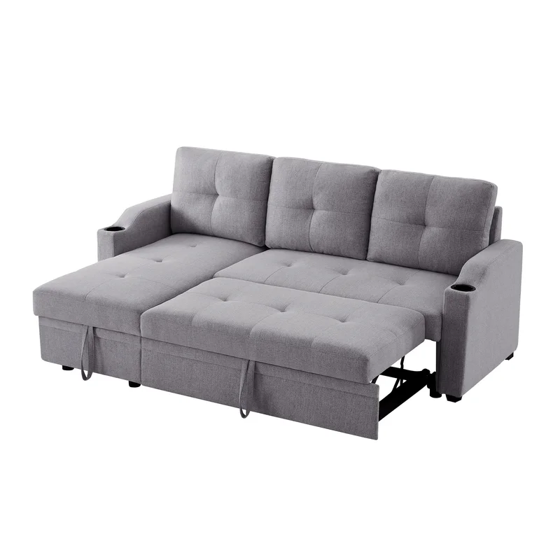 Orisfur. 81" Sleeper Sofa Bed Reversible Sectional Couch with Storage Chaise and Two Cup Holders for Living Room Furniture Set