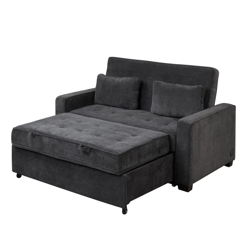 Orisfur. Linen Upholstered Sleeper Bed Pull Out Sofa Bed Couch attached two throw pillowsDual USB Charging Port and Adjustable Backrest for Living Room Space