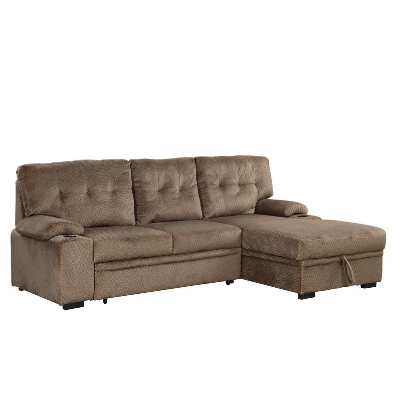 Orisfur. Modern Padded Upholstered Sofa Bed Sleeper Sectional Sofa with Storage Chaise and Cup Holder for Living Room Furniture Set