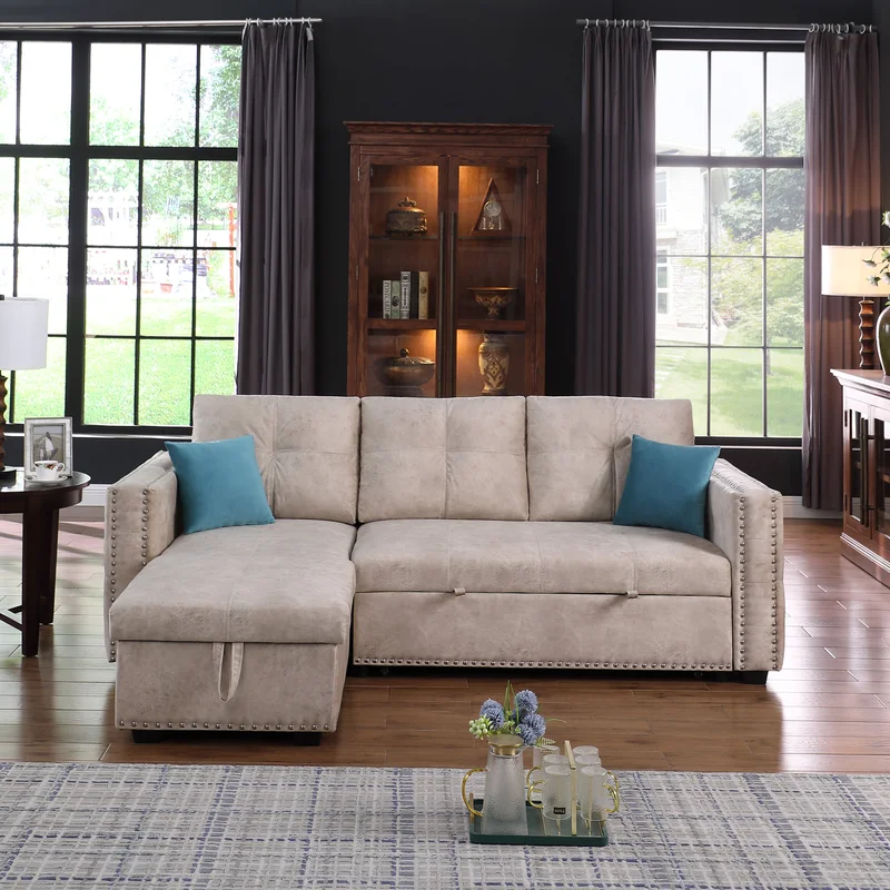 Reversible Sleeper Sectional Storage Sofa BedCorner Sofa-Bed With Storage3 Seat Both Left Handed And Right Handed Nailheaded