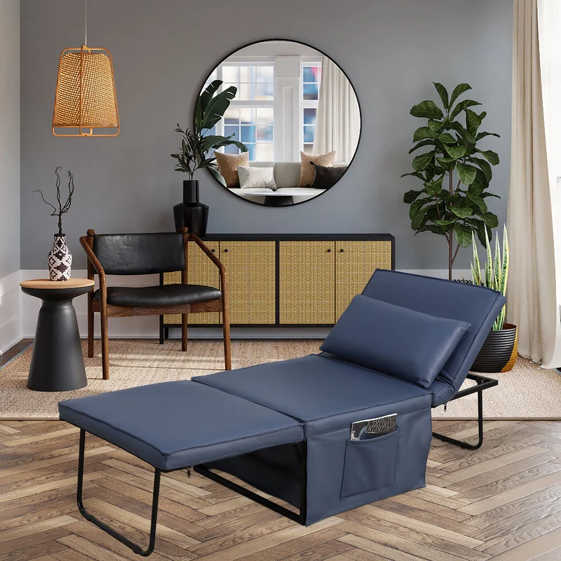 Sofa Bed 4 in 1 Ottoman Sleeper Bed Convertible Chair Bed with Adjustable Back Breathable Sleeper Guest Bed for Small Room Blue