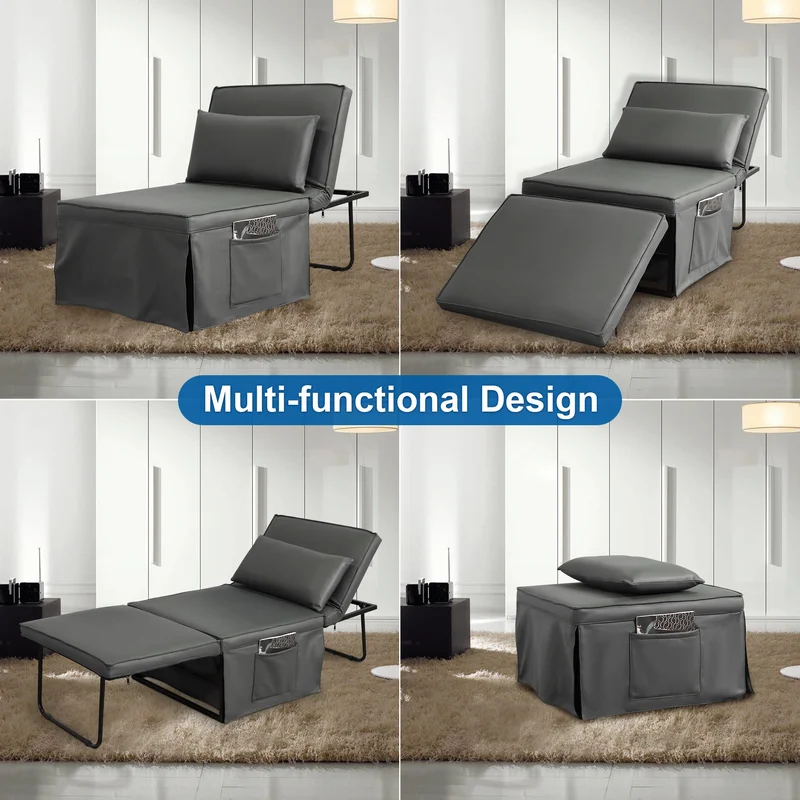 Sofa Bed 4 in 1 Ottoman Sleeper Bed Convertible Chair Bed with Adjustable Back Breathable Sleeper Guest Bed for Small Room Grey