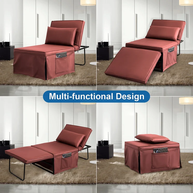 Sofa Bed 4 in 1 Ottoman Sleeper Bed Convertible Chair Bed with Adjustable Back Breathable Sleeper Guest Bed for Small Room Orange Red