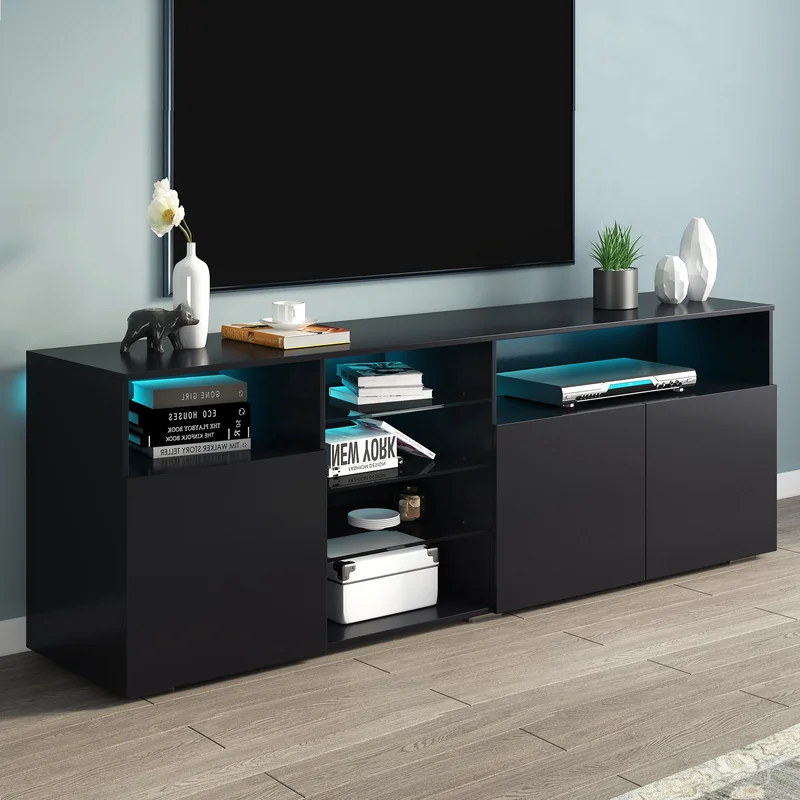 U-Can Modern Stylish Functional TV stand with Color Changing LED Lights Universal Entertainment Center High Gloss TV Cabinet for 70+ inch TV Black