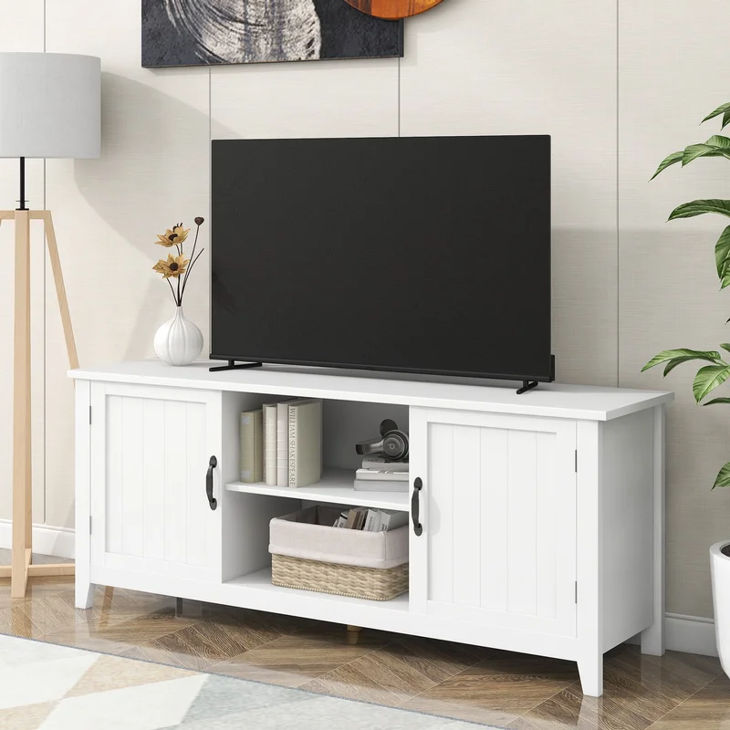 U-Can TV Stand for TV up to 60in with 2 Doors Adjustable Panels Open Style Cabinet Sideboard for Living room White