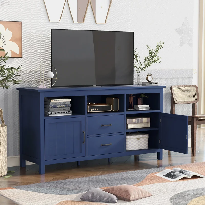 U-Can TV Stand for TV up to 68 in with 2 Doors and 2 Drawers Open Style Cabinet Sideboard for Living room Navy