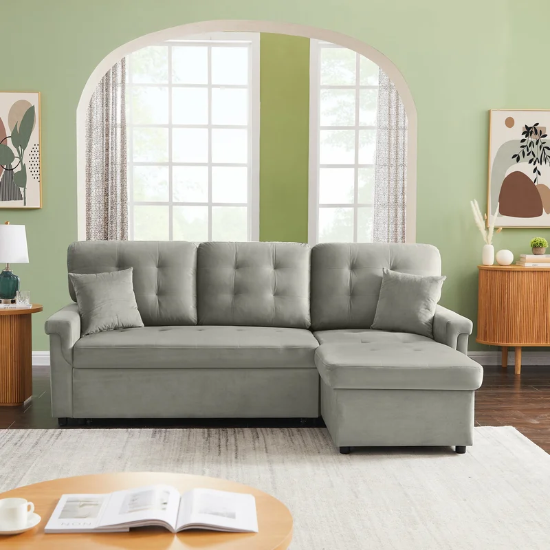 Velvet Reversible Sectional Sofa with Pull Out sleeper L-Shaped Couch Chaise with Storage For Living Room & Apartment