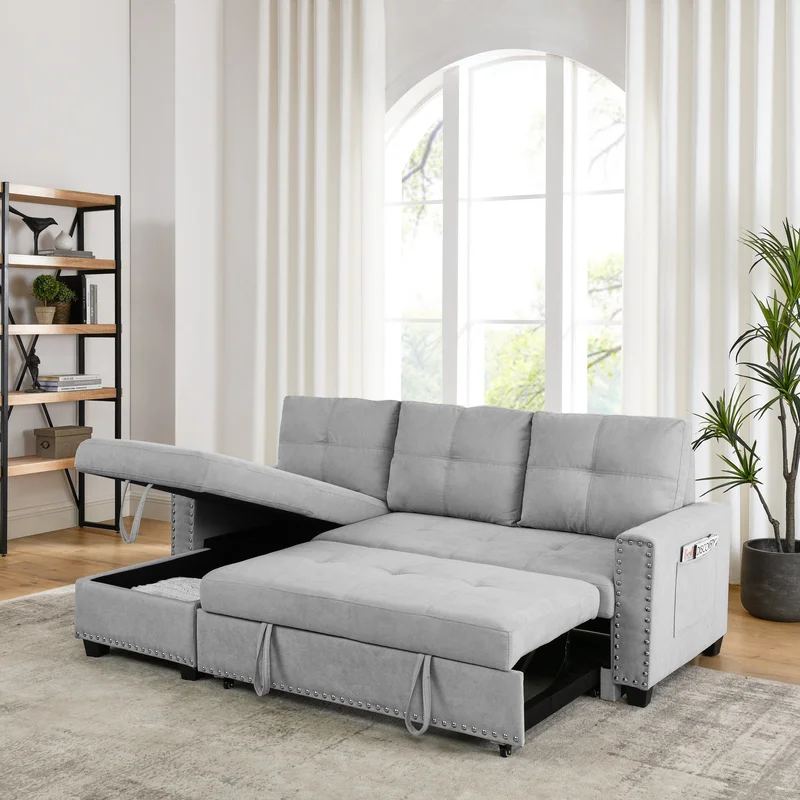 [Video] MH 82" Sleeper Sofa Bed Reversible Sectional Couch with Storage Chaise and Side storage bag for Living Room Furniture Set silver rivets on both hands