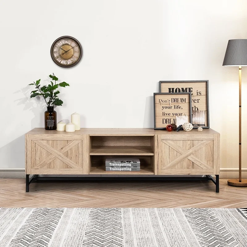 60" TV Stand with Open Doors and Storage Shelf Oak & Black