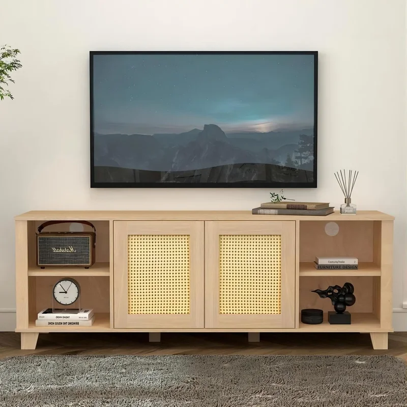64.4" Rattan TV Stand for 65/70 inch TV Living Room Storage Console Entertainment Center2 open doors