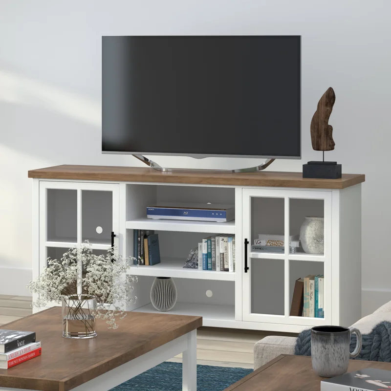 Bridgevine Home Hampton 67 inch TV Stand Console for TVs up to 80 inches No Assembly Required Jasmine Whitewash and Barnwood Finish