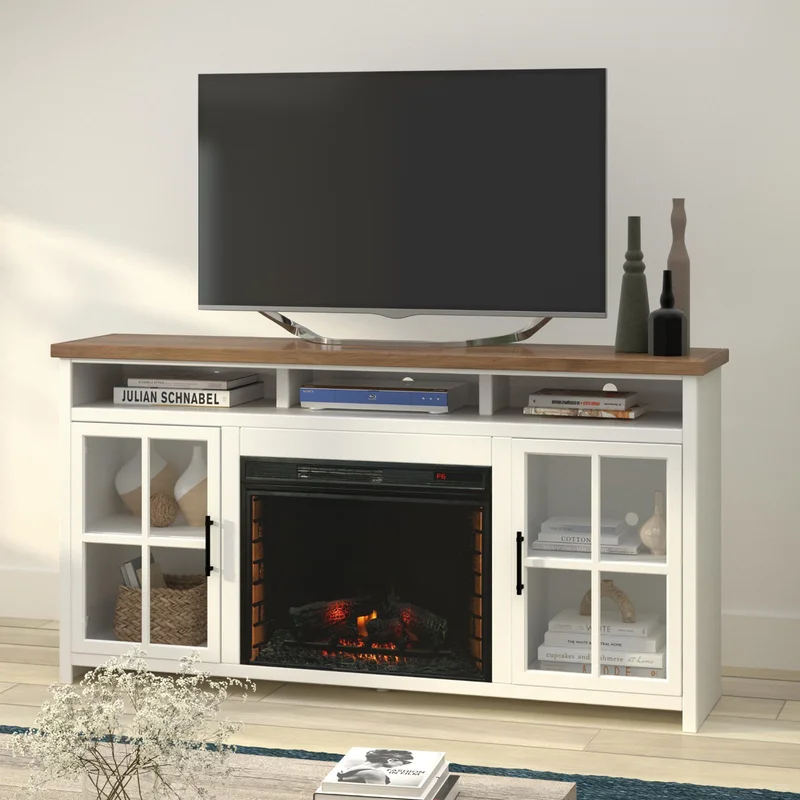 Bridgevine Home Hampton 74 inch Fireplace TV Stand Console for TVs up to 85 inches Minimal Assembly Jasmine Whitewash and Barnwood Finish
