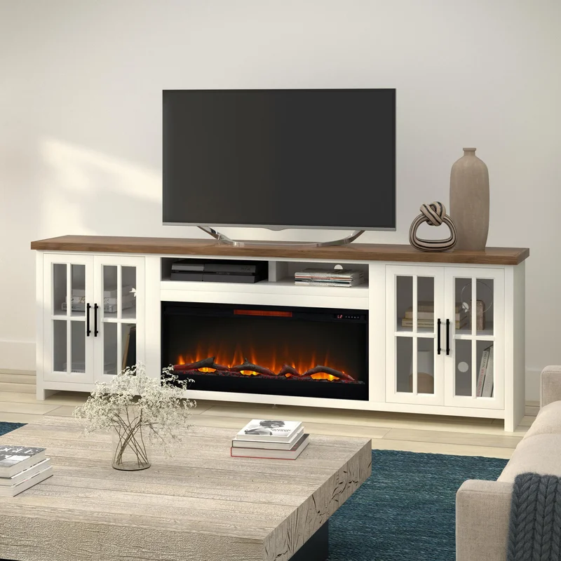 Bridgevine Home Hampton 97 inch Fireplace TV Stand Console for TVs up to 100 inches Minimal Assembly Jasmine Whitewash and Barnwood Finish