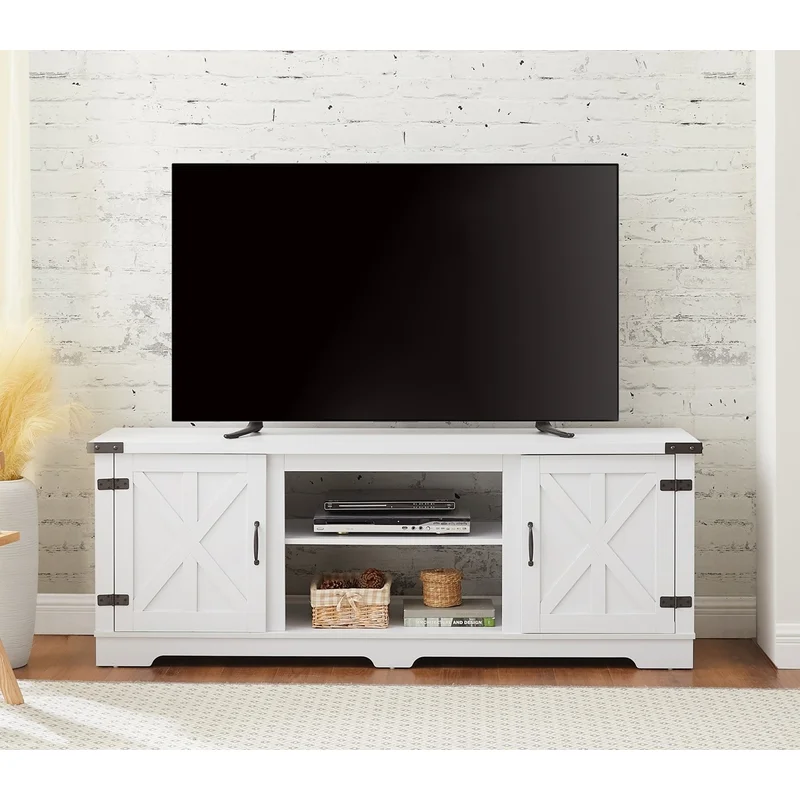 Modern Farmhouse TV Media Stand Large Barn Inspired Home Entertainment Console for TV Up to 70'' with Open Shelves and Closed Cabinets White 64.8"W*15.67"D*24.29"H