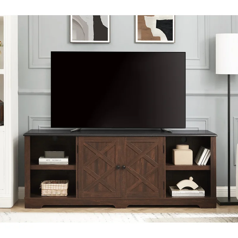 Modern Farmhouse TV Media Stand Large Barn Inspired Home Entertainment Console for TV Up to 80'' with Open Shelves and Closed Cabinets Espresso and Black 70"W*15.55"D*26.89"H