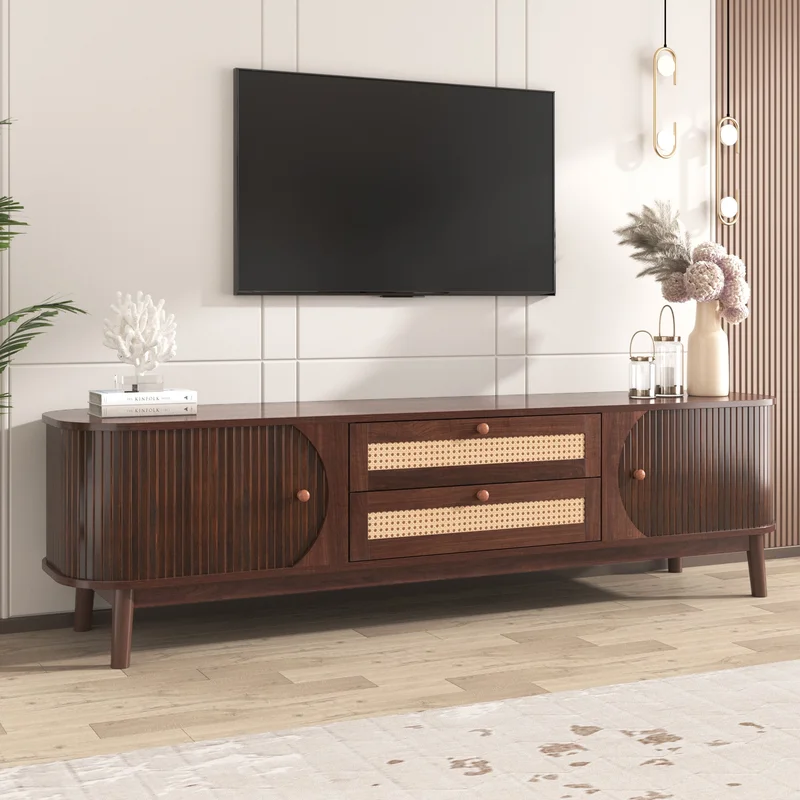 Rattan TV Stand for TVs up to 75'' Modern Farmhouse Media Console Entertainment Center with Solid Wood Legs TV Cabinet for Living RoomHome Theatre