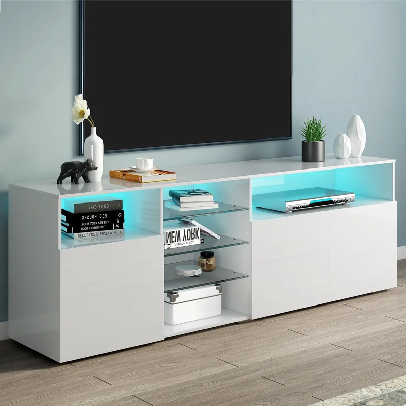 U-Can Modern Stylish Functional TV stand with Color Changing LED Lights Universal Entertainment Center High Gloss TV Cabinet for 70+ inch TV White