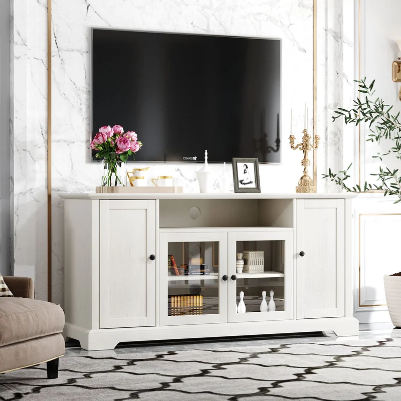 U-Can TV Stand for TV up to 65in with 2 Tempered Glass Doors Adjustable Panels Open Style Cabinet Sideboard for Living room White