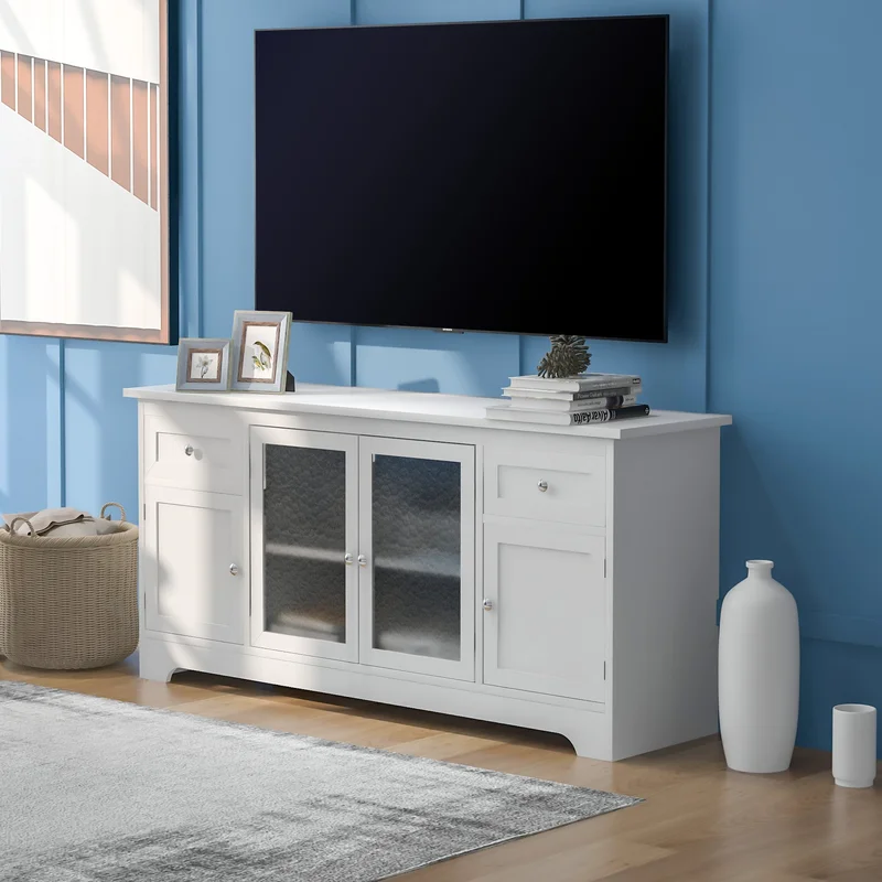 U-Can TV Stand for TV up to 65in with 4 Doors Adjustable Panels Open Style Cabinet Sideboard for Living room White