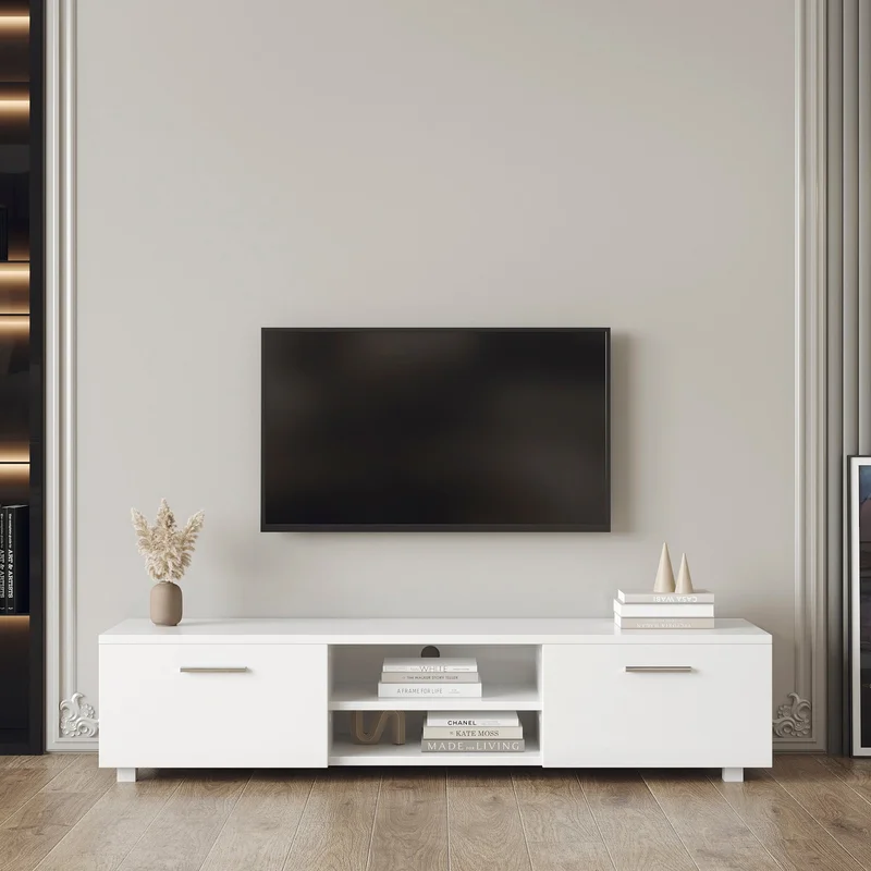White TV Stand for 70 Inch TV Stands Media Console Entertainment Center Television Table 2 Storage Cabinet with Open Shelves for Living Room Bedroom