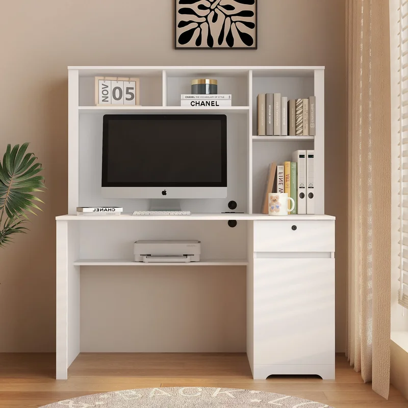 Computer Desk with Hutch & BookshelfWood Executive Desk Teens Student Desk Writing Laptop Home Office Desk with Drawers3 AC Outlets and 2 USB Charging PortsStudy Laptop Table for Home(White)