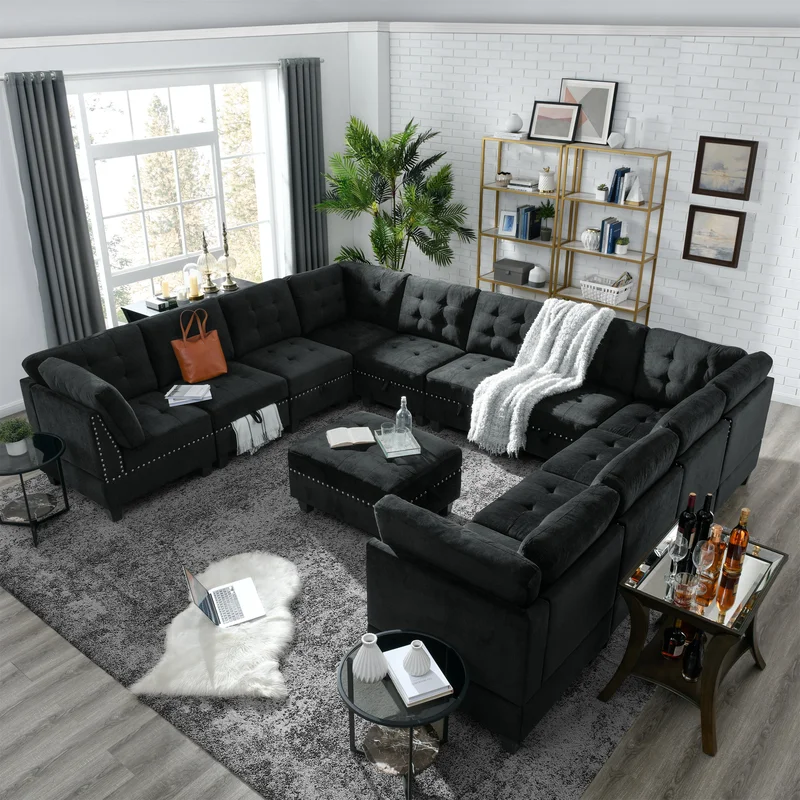 U shape Modular Sectional SofaDIY Combinationincludes Seven Single ChairFour Corner and One OttomanBlack Velvet.