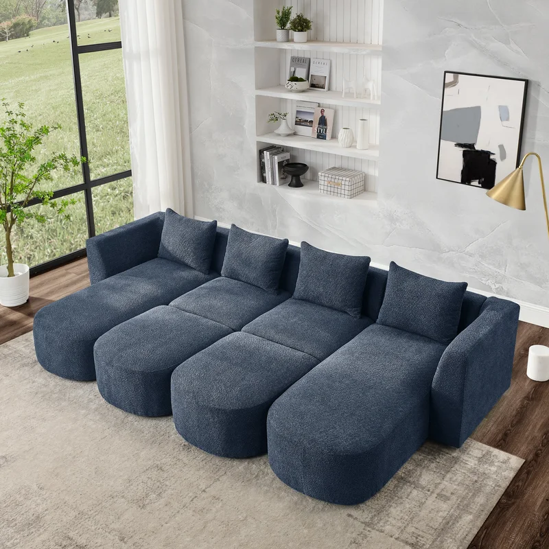 U Shape Sectional Sofa including Two Single Seat Two Chaises and Two Ottomans Modular Sofa DIY Combination Loop Yarn Fabric Navy