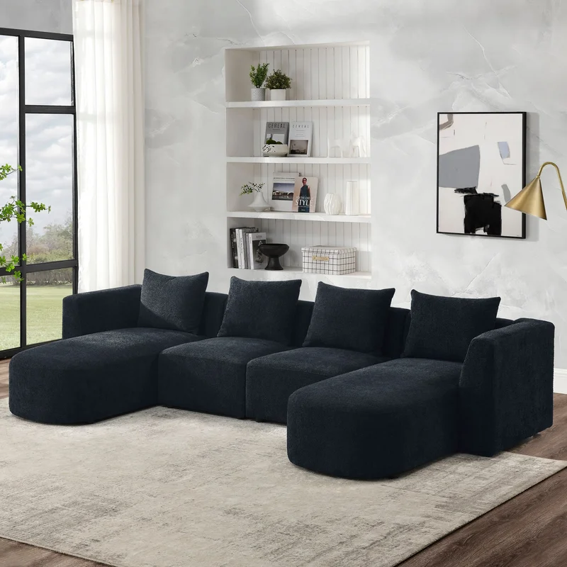 U Shape Sectional Sofa including Two Single Seats and Two Chaises Modular Sofa DIY Combination Loop Yarn Fabric Black