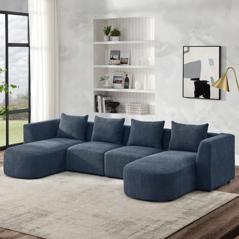 U Shape Sectional Sofa including Two Single Seats and Two Chaises Modular Sofa DIY Combination Loop Yarn Fabric Navy