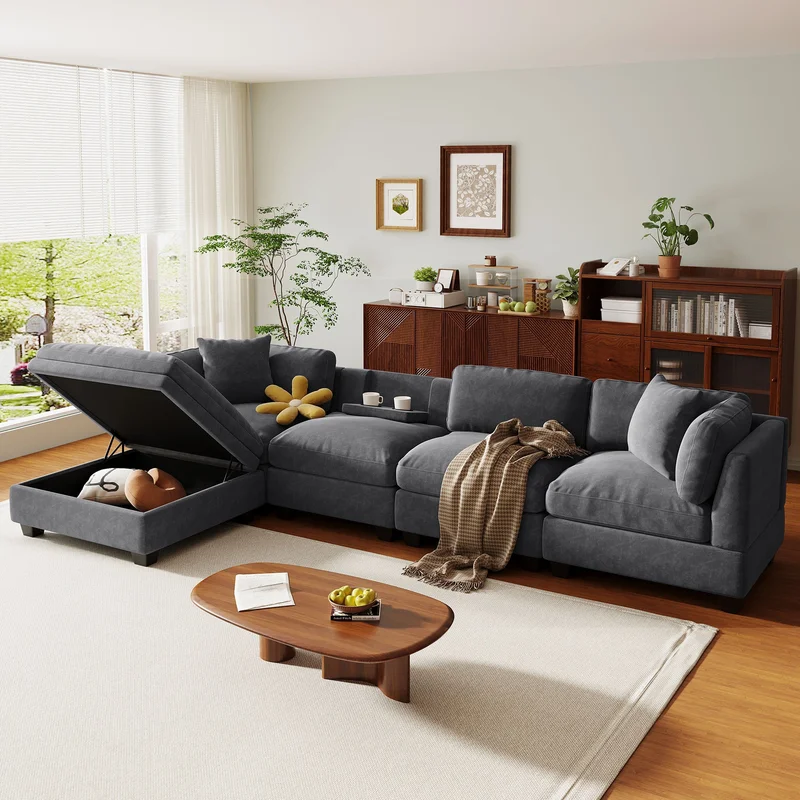 U-style Upholstered Modular Sofa with Removable Storage Ottoman 2 hidden cup holders Sectional sofa for Living Room Apartment(5-Seater)