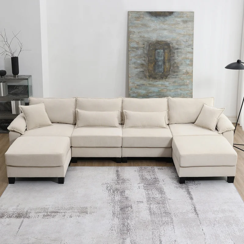 [VIDEO provided] [New] 133*65" Corduroy Modular Sectional SofaU Shaped Couch with Armrest Bags6 Seat Freely Combinable Sofa BedComfortable and Spacious Indoor Furniture for Living Room 2 Colors