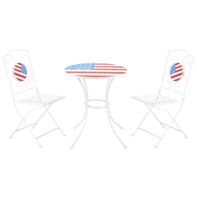 3 Piece Patio Bistro Set Folding Outdoor Furniture with USA Mosaic Table and Chairs Portable Metal Frames for 4th of July Balcony Backyard Poolside Porch American Flag
