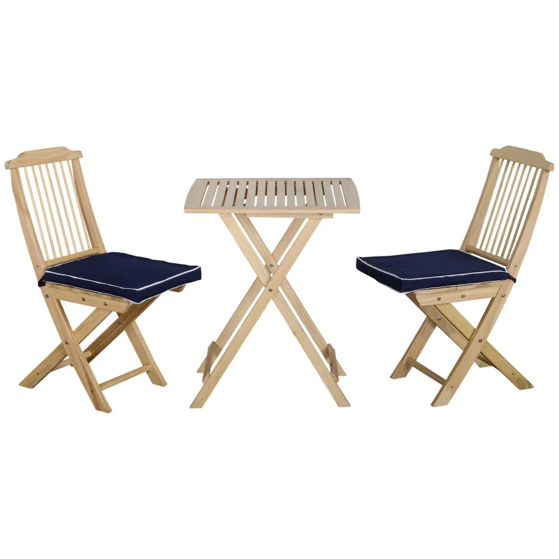 3 Pieces Patio Folding Bistro Set Outdoor Pine Wood Table and Chairs Set with Tie-on Cushion & Square Coffee Table Great for Indoor Poolside Garden Dark Blue