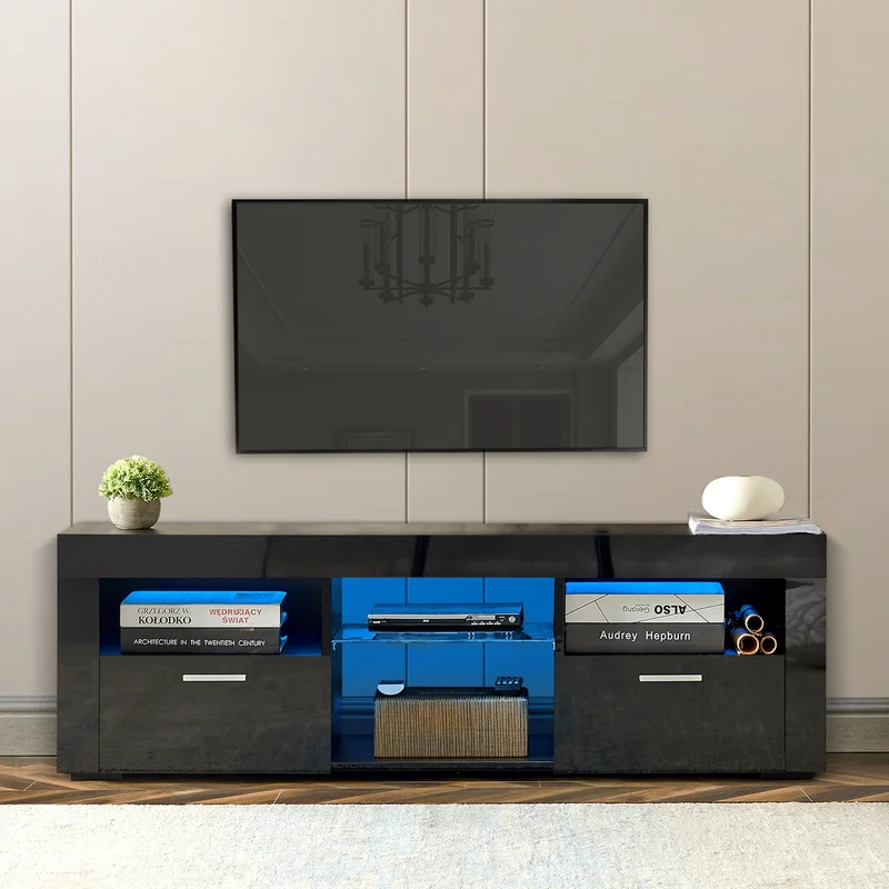 Black morden TV Stand with LED Lightshigh glossy front TV Cabinetcan be assembled in Lounge Room Living Room or Bedroomcolor:Black