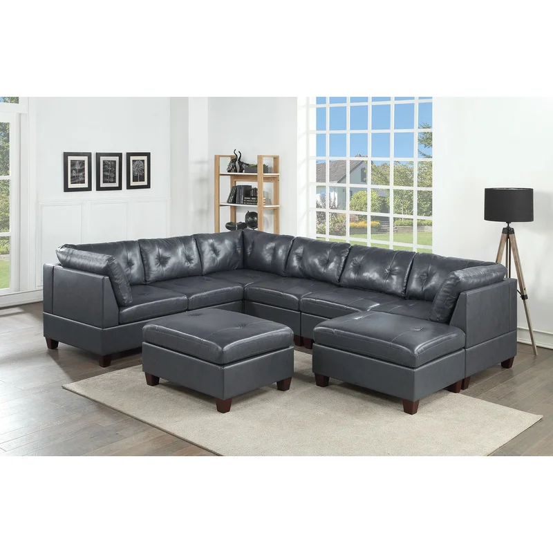 Contemporary Genuine Leather Black Tufted 8pc Sectional Set 3x Corner Wedge 3x Armless Chair 2x Ottomans Living Room Furniture Sofa Couch