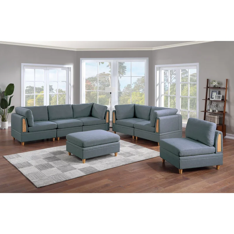 Contemporary Living Room Furniture 7pc Sectional Sofa Set Steel Dorris Fabric Couch 4x Wedges 2x Armless Chair And 1x Ottomans