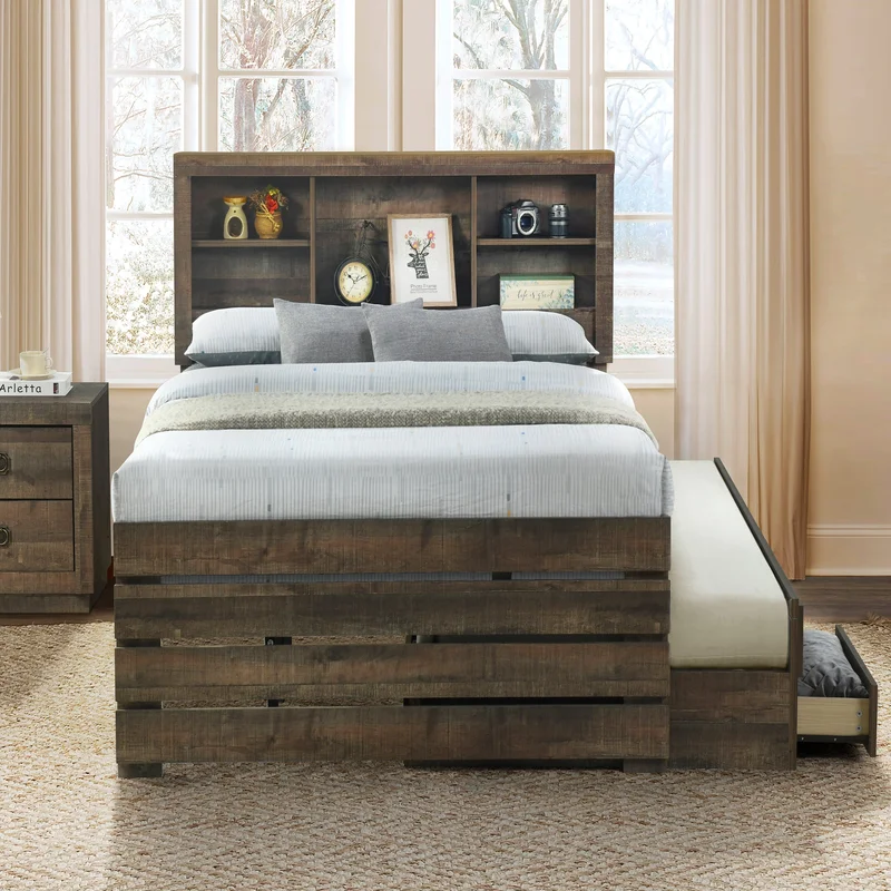 Farmhouse Style Twin Size Bookcase Captain Bed with Three Drawers and Trundle Rustic Brown