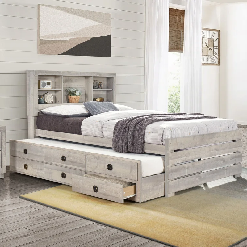 Farmhouse Style Twin Size Bookcase Captain Bed with Three Drawers and Trundle Rustic White