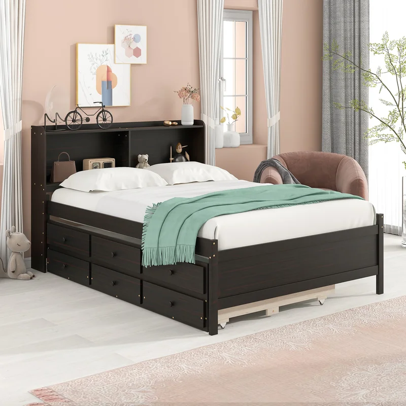 Full Bed with BookcaseTwin TrundleDrawersEspresso