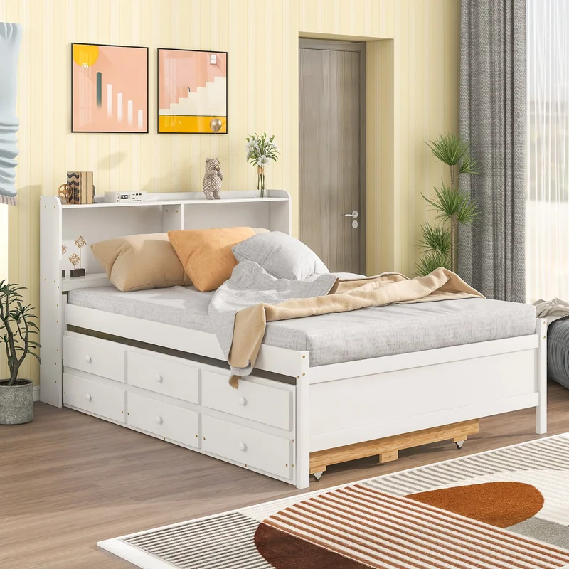 Full Bed with BookcaseTwin TrundleDrawersWhite