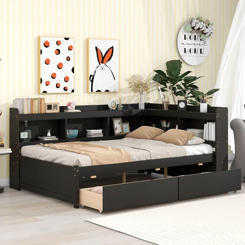 Full Bed with L-shaped Bookcases Drawers Espresso