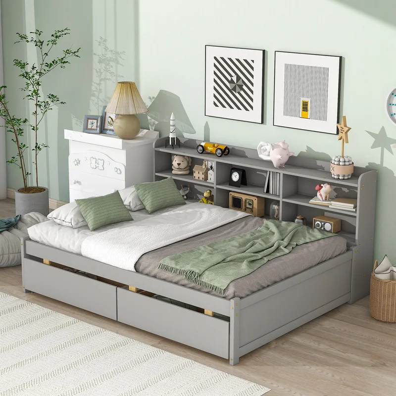 Full Bed with Side Bookcase DrawersGrey