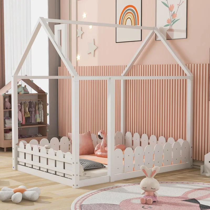 (Slats are not included) Full Size Wood Bed House Bed Frame with Fencefor KidsTeensGirlsBoys (White )(OLD SKU:WF281294AAK)