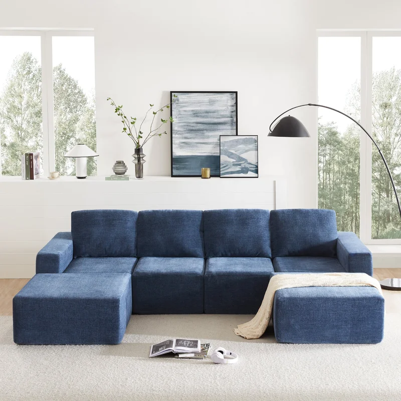 [VIDEO provided][New]110*72" Modular U Shaped Sectional SofaLuxury Chenille Floor Couch SetUpholstered Indoor FurnitureFoam-Filled Sleeper Sofa Bed for Living RoomBedroomFree Combination3 Colors